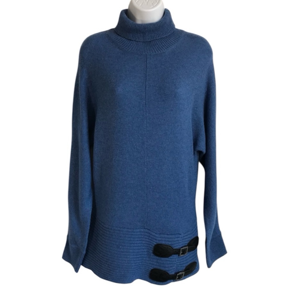 🔴 4/$15 Moda Int’l Women’s S Blue Turtleneck Sweater & 2 Black Buckle Detail GUC